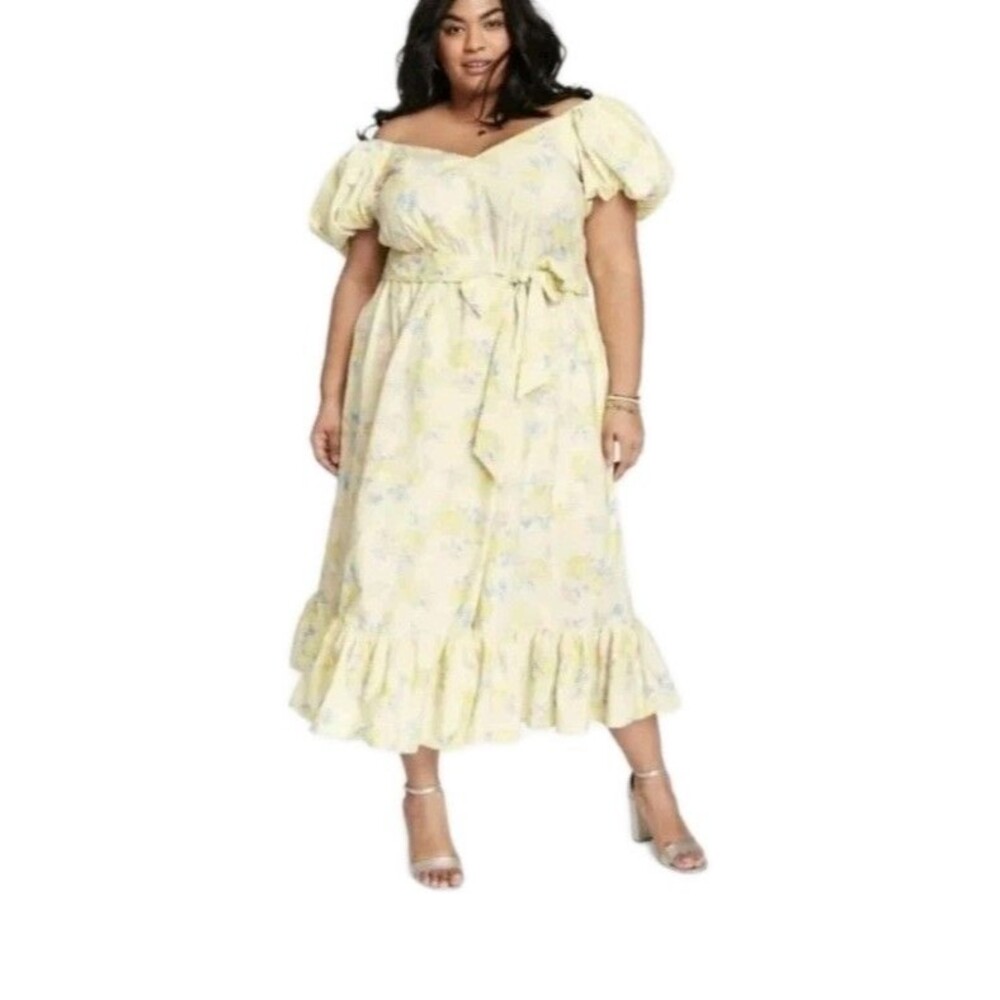 Love Shack Fancy Womens Plus 18W Yellow Floral Puff Sleeve Maxi Dress Cottage